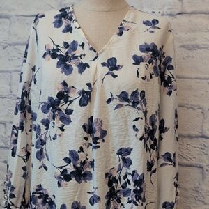 J. Jill 3/4 Sleeve Floral V-Neck White Blouse w/ Purple Floral - Size Large-Tall